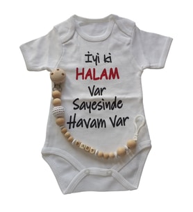 Hoşgeldin Bebek, Yenidoğan Ünisex Bebek, İyi ki Halam Var Baskılı Badi ve İsimli Emzik Askısı Hediye Seti (Krem)