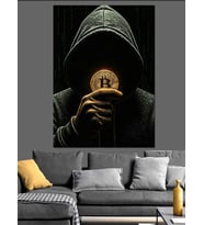 Bitcoin Tutan Kapüşonlu Adam Dekoratif Kanvas - Mdf Ahşap Tablo