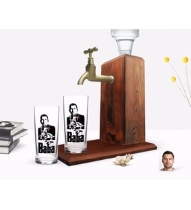 BK Gift Kişiye Özel Renkli Baskılı Godfather Baba Tasarımlı İkili Rakı Bardağı ve Ahşap Rakı Standı Hediye Seti-2 (Model 1)