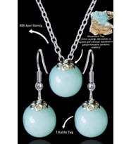 Sertifikalı Küre Model Akuamarin Taşı Kolye ve Küpe Seti - Gümüş Aparatlı (Aquamarin) (Mavi)