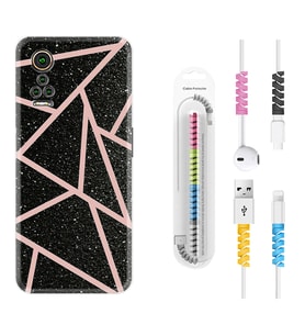 General Mobile GM 21 Pro GM 22 Pro Plus Kılıf Kablo Koruma Spiral Silikon Pembe Şeritli Mermer 1312
