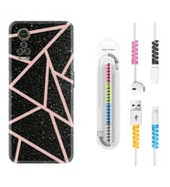 General Mobile GM 21 Pro GM 22 Pro Plus Kılıf Kablo Koruma Spiral Silikon Pembe Şeritli Mermer 1312