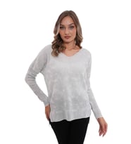 Kadın V Yaka Simli Kazak 12541 BGL-ST04103 (Açık Gri)