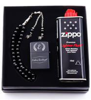 Kişiye Özel Siyah Zippo Tarzı Çakmak & 125ml Zippo Benzin & Siyah Tesbih Hediye Seti