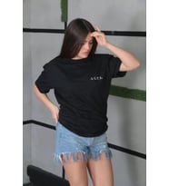 Unisex Bisiklet Yaka Baskılı Oversize T-Shirt - Siyah