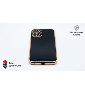 iPhone 11 Pro Max Uyumlu Gold Kenar Şeritli ve Kamera Korumalı Lüks Silikon Kılıf - Siyah