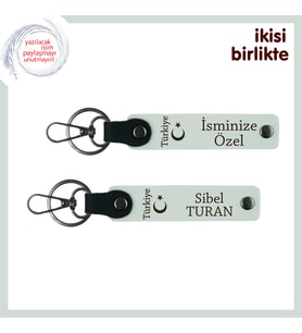 Kardeşe Kalıcı Hediye, Ayyıldız ve Türkiye Yazılı İsim Soyisimli 2’li Anahtarlık Set, Beyaz-Beyaz