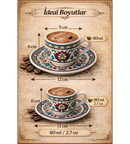 Renkli Desenli Porselen Türk Kahvesi Fincan Takımı, 2’li Set, Geleneksel Kahve Kültürünü Yansıtan Şık Fincan ve Tabak, Ev ve Ofis Kullanımına Uygun, 80 ml