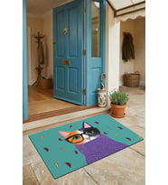 Valerine Life Kapı Önü Paspası 45x70cm Kaymaz Taban Dekoratif iç Dış Mekan Aristokrat Kedi Yeşil