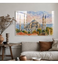 Sultanahmet Camii Sulu Boya İstanbul Manzarası Temperli Cam Dekoratif Duvar Tablosu