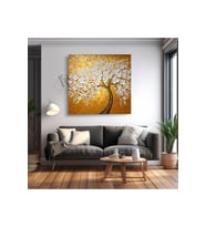 Kanvas Tablo Bahar Ağacı Sarı Arka Temalı Dekoratif Kanvas Tablo 60 X 60