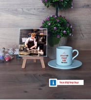Aşçıya Hediye Fotoğraflı Dekoratif Taş, Ahşap Altlıklı Türk Kahvesi Fincanı Hediye (Model 2)