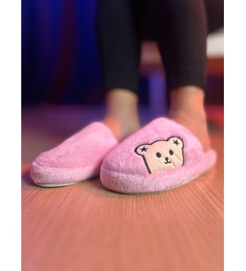 Peluş Rahat Desen Panda Model Pofuduk Sessiz Taban Ev Terliği (Pembe)