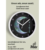İsme Özel Soyut Renkli Ay Çocuk Odası Duvar Saati Orta Boy 30 cm Beyaz Camlı Sessiz