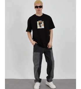 Erkek Kısa Kol Yazlık Tişört Bisiklet Yaka Baskılı Oversize T-Shirt - Siyah