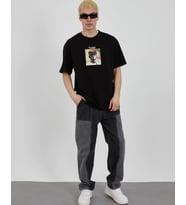 Erkek Kısa Kol Yazlık Tişört Bisiklet Yaka Baskılı Oversize T-Shirt - Siyah