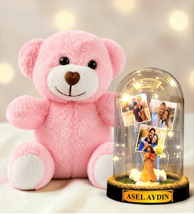 Kişiye Özel 3 Fotoğraflı Yazılı LED Işıklı Fanus ve Pembe Peluş Ayıcık Hediye Seti (şans melekli)