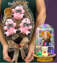 Kişiye Özel Renkli Led Işıklı Fanus ve Büyük Boy Pembe Ayıcık Buketi (Model 1)