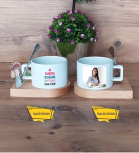 Kadın Doğum Uzmanı Kupa Bardak Ahşap Altlıklı Kısa Fotoğraflı Tıp Bayramı Hediyesi