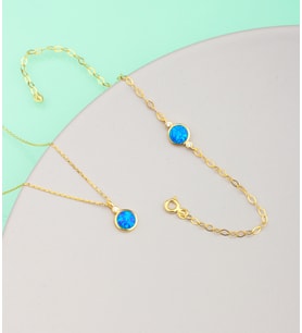 925 Ayar Gümüş Opal Taşlı Yuvarlak Kolye Bileklik Set