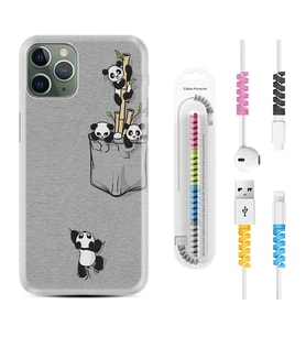 Apple iPhone 11 12 13 14 Pro Max Kılıf Kablo Koruma Spiral Silikon Pandalar 1798