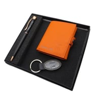 Signator D302 İsme Özel Set - Turuncu Deri Kartlık + Anahtarlık  + Kalem Seti  İsme Özel Hediyelik Set (Karışık)