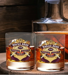 BK Gift Kişiye Özel İsimli DTF Premium Whiskey Tasarımlı İkili Viski Kadeh Seti-1, Arkadaşa Hediye, Sevgiliye Hediye