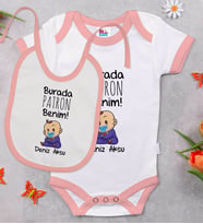 BK Kids Kişiye Özel Burada Patron Benim Tasarımlı Pembe Bebek Body Zıbın ve Mama Önlüğü Hediye Seti