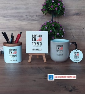 Teyzeye Hediye Dekoratif Taş, Kalemlik, Sihirli Oval Kupa Bardak, Ahşap Anahtarlık Hediye (Model 1)