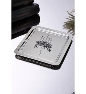 Şamdan Desenli Kare Paslanmaz Çelik Kahve Çay Sunum ve Dekoratif Tepsi