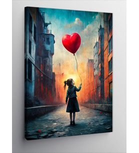Kanvas Tablo Kalp Şeklinde Uçan Balon Ve Kız