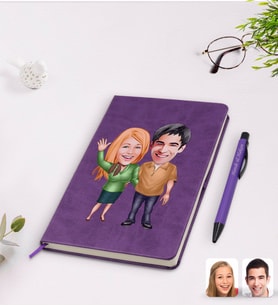 BK Gift Kişiye Özel Sevgililer Karikatürlü Mor Termo Deri Defter Kalem Seti Model 110