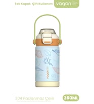 360 ML Çocuk Termosu Tek Kapak Çift Kullanım Pipetli Rahat İçim Kulplu Paslanmaz Çelik Termos 1104-360ML