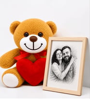 Size Özel Karakalem Fotoğraflı Çerçeve ve Kalpli Peluş Ayıcık Hediye Seti