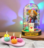 Size Özel Renkli Led Işıklı Fanus ve Kokulu Makaron Mum Hediye Seti (Model 1)