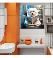 Tekli Kare Kanvas Banyo Tablosu Gazete Okuyan Sevimli Maltese