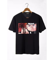 Unisex Siyah Bisiklet Yaka Önü Anime Baskılı Oversize T-Shirt 22Y-3400762-64-3