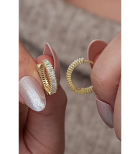 925 Ayar Gümüş Gold Kaplama Baget Taşlı 15 Mm Tamtur Küpe