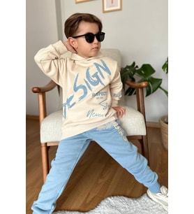 Erkek Çocuk Çift Baskılı Respect Design Yazı Şardonlu Buz Mavisi Eşofman Takım