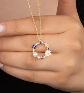 Saklı Takı 925 Ayar Gümüş Gold Sedefli Güllü İncili Kolye