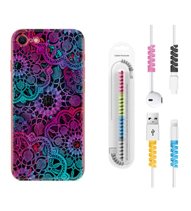 Apple iPhone 5 6 7 8 Plus Se XR Kılıf Kablo Koruma Spiral Silikon Colurful Mandala 1667