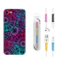 Apple iPhone 5 6 7 8 Plus Se XR Kılıf Kablo Koruma Spiral Silikon Colurful Mandala 1667