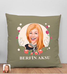 BK Gift Kişiye Özel Karikatürlü Anneler Günü Tasarımlı Haki Kırlent Yastık, Anneye Hediye, Ev Dekorasyonu, Anneler Günü Hediyesi-1