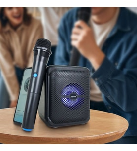 Taşınabilir Bluetooth Hoparlör Mikrofonlu  Kablosuz Karaoke Speaker LED Işıklı Güçlü Ses (Siyah)
