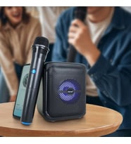 Taşınabilir Bluetooth Hoparlör Mikrofonlu  Kablosuz Karaoke Speaker LED Işıklı Güçlü Ses (Siyah)