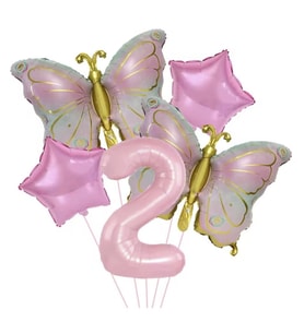 Gold Kelebekli Pembe 2 Yaş Rakam Balon Set