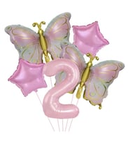 Gold Kelebekli Pembe 2 Yaş Rakam Balon Set