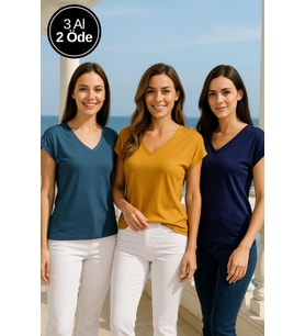Kadın 3'lü Paket Lacivert-Hardal-Petrol Viskon V Yakalı T-shirt Kısa Kollu Rahat Kesim Bluz