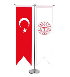 Masa Üstü Kırlangıç Sağlık Bakanlığı + Türk Bayrağı + Krom T Direk Masa Bayrak Seti