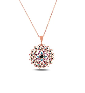 Renkli Taşlı 925 Ayar Gümüş Yaşam Çiçeği Kadın Kolye (Rose)